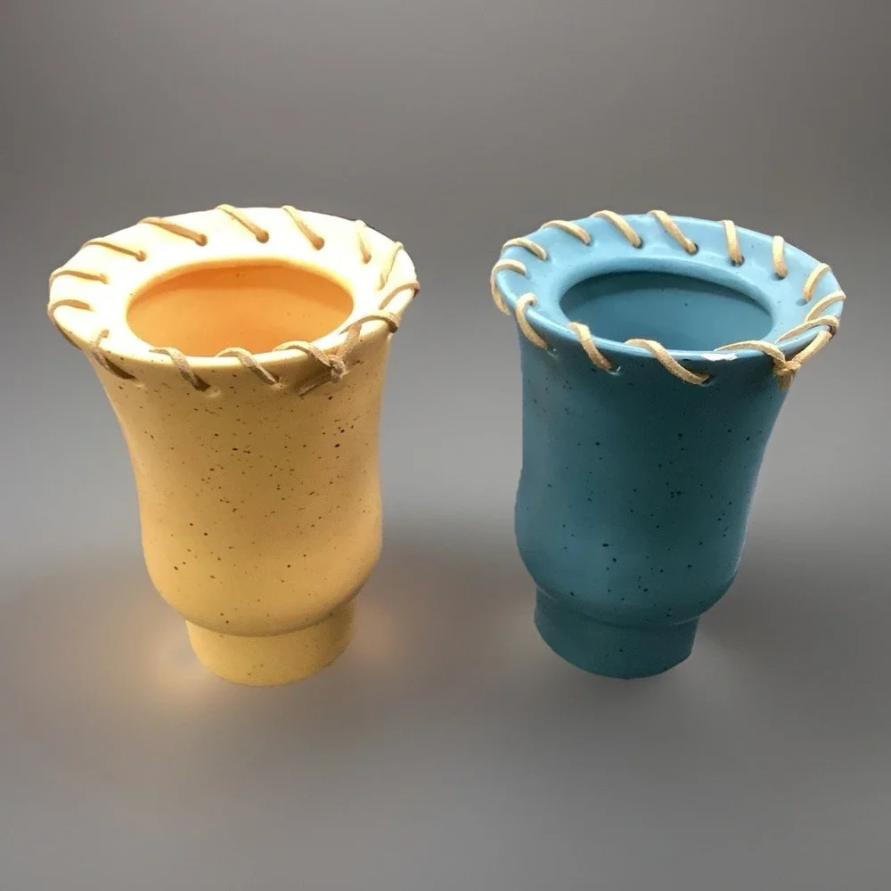 VTG MCM Handmade Studio Art Pottery Vases W/‎ Leather Laces 5